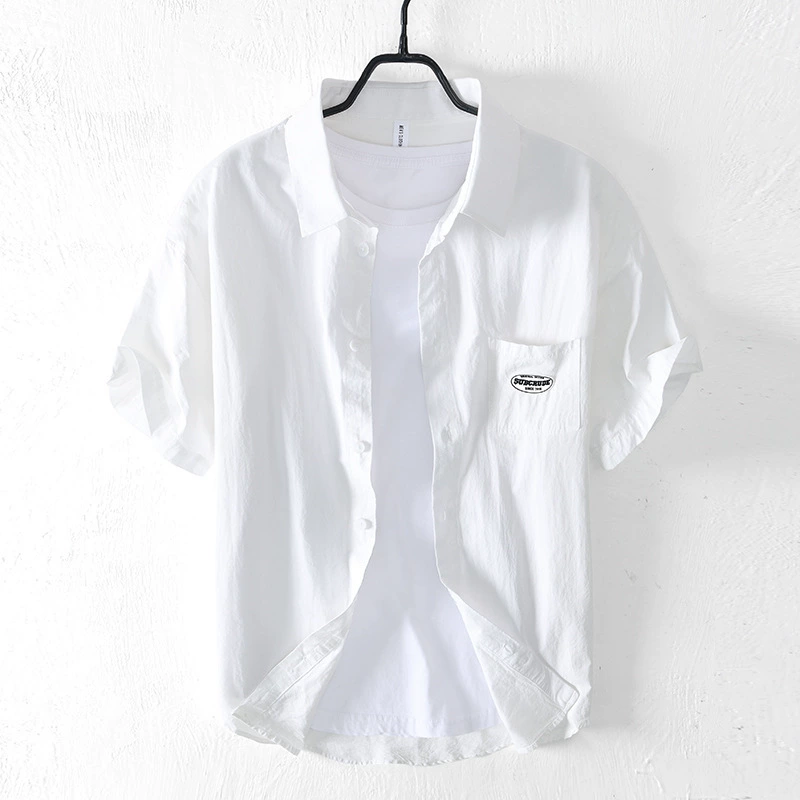 1642 Летняя тонкая хлопковая рубашка с короткими рукавами и лацканами высокого класса для повседневной верхней одежды для мужчин
