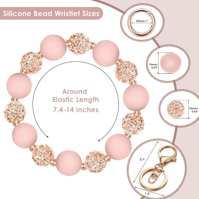 Wristlet Keychain Silicone Beaded Wrist Keychain with Key Ring, Elastic Keychain Wrist Strap