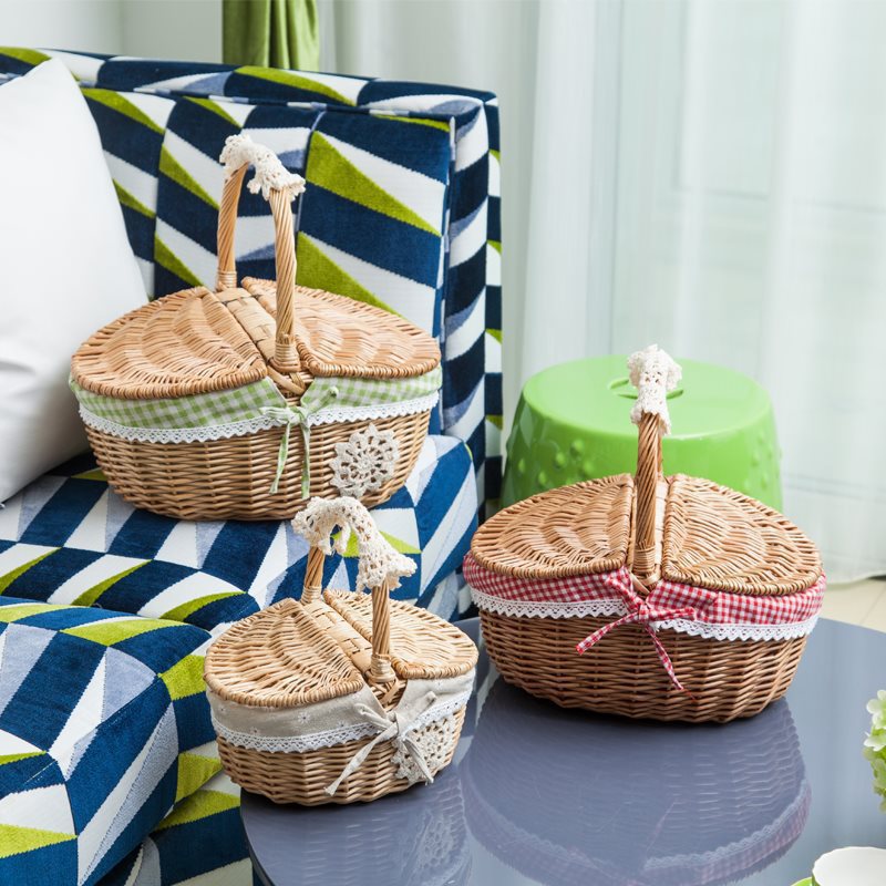 Cestas de bambú de vid de trenzado cestas de picnic cestas de almacenamiento cestas de frutas de trenzado cestas pastorales con cubierta de mesa