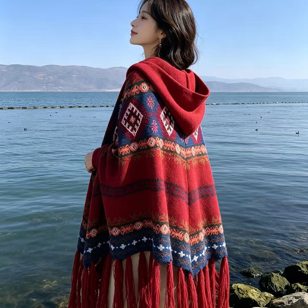Xizang-Norwest China Qinghai Travel Warm Tassel Hooded Cape Shawl Thickened Ethnic Style Pullover Cloak