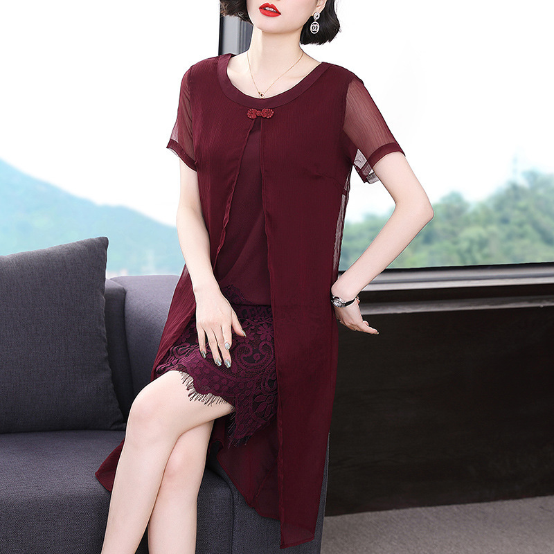 Mother's Summer Short-sleeved Wedding Red Dress Middle-aged and Elderly Women's Lace Elegant Wedding Dress for Mother-in-law 50 Mother's Summer Short-sleeved Wedding Red Dress Middle-aged and Elderly Women's Lace Elegant Wedding Dress for Mother-in-law 50