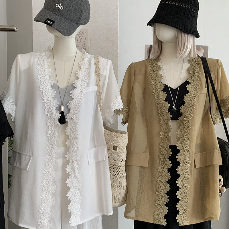 Kekezoon Lace Short-Sleeved Sun Protection Shirt for Women Summer Loose One-Button Mid-Length Top 8017