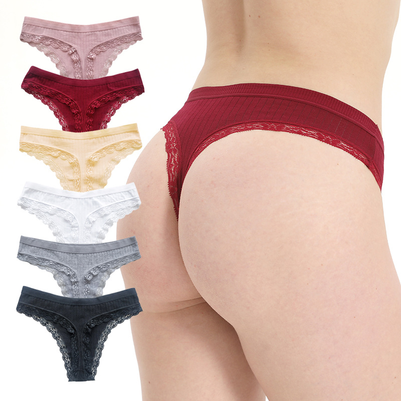 Foreign trade European and American sexy thong lace burgundy pure cotton thong panties for girls, sexy lace panties, pure and sexy.