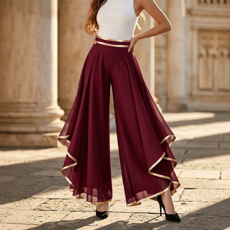 2026 European and American Cross-Border Amazon Fashion Patchwork Ruffled Layered Chiffon High-Waisted Casual Wide-Leg Pants