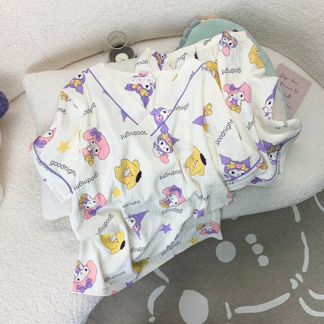 Al por mayor transfronterizo nuevo pijama dulce de verano nubes de algodón impresión de dibujos animados de cuello V hoodie set de ropa para el hogar