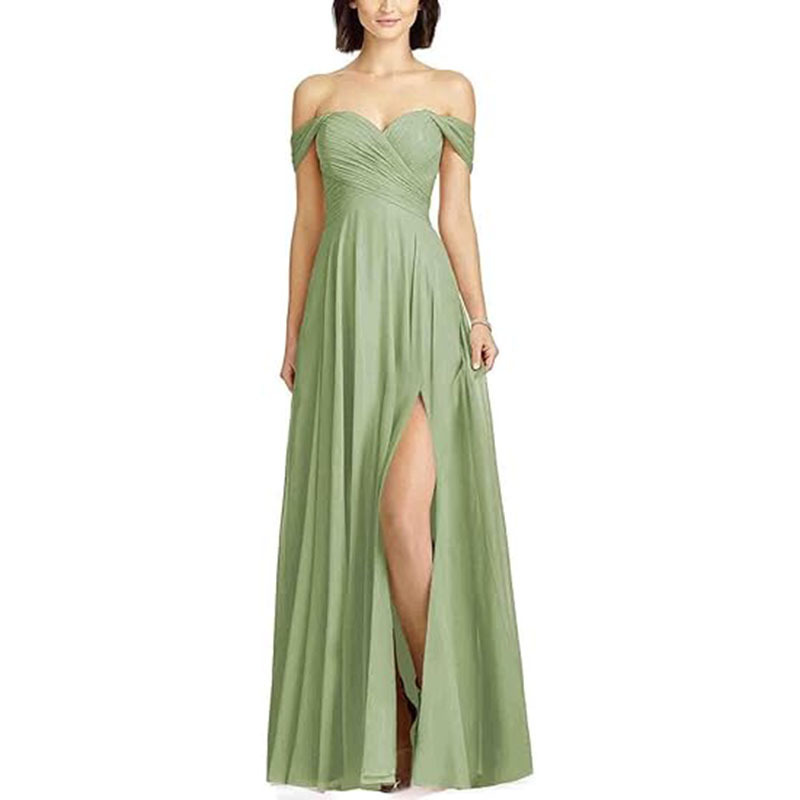 Foreign Trade Amazon 2025 New Off-Shoulder Bridesmaid Dress Pleated Chiffon A-Line Formal Evening Dress with Slits