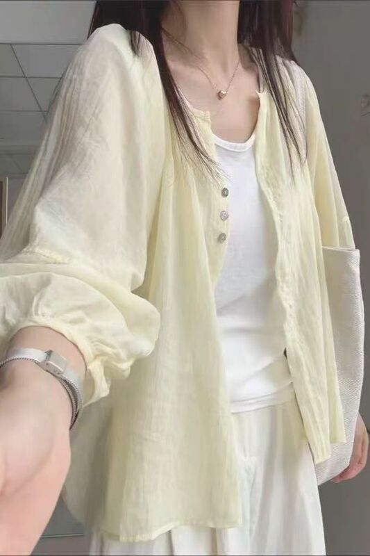 韩系超仙ins浅蓝色雪纺衬衫女叠穿宽松百搭显瘦防晒衬衣外穿开衫|undefined