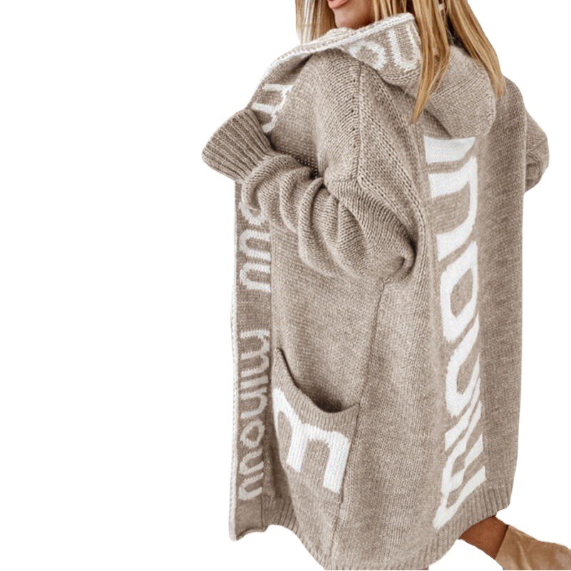 Cárdigan largo con capucha de punto con letras, novedad otoño-invierno 2026, chaqueta de punto transfronteriza europea y americana para mujer image 1