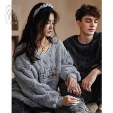 妮狄娅情侣睡衣女冬季珊瑚绒套头休闲保暖男简约格子家居服套装