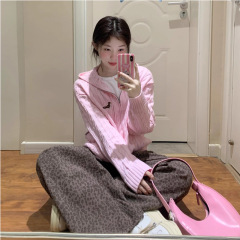 蓝色麻花双拉链连帽针织毛衣外套女秋冬季慵懒风宽松外穿开衫上衣