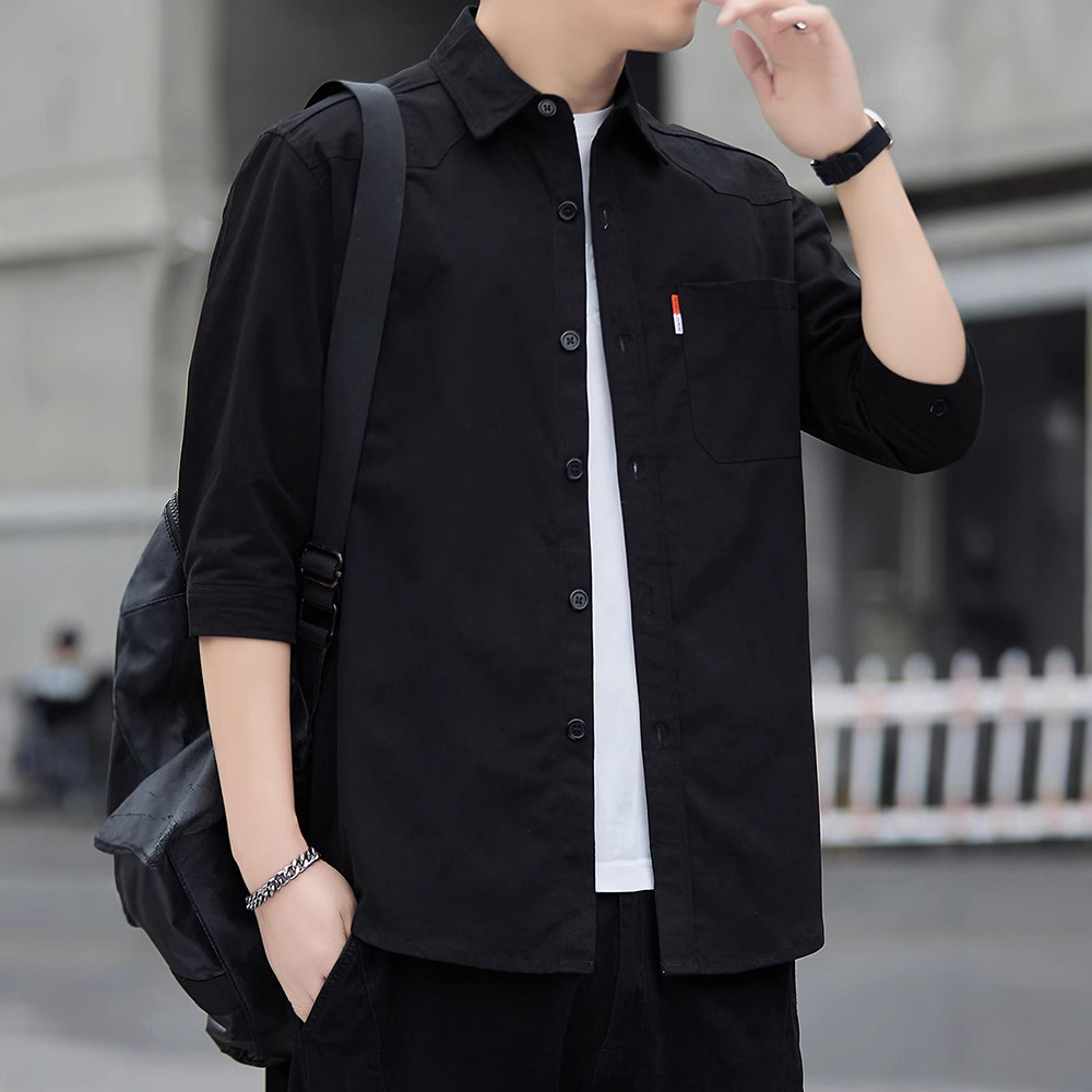 Cotton Spring and Summer Main Push 2025 New Shirt Men's Hong Kong Style Japanese Korean Style Fashionable Cotton Seven-Sleeve Shirt