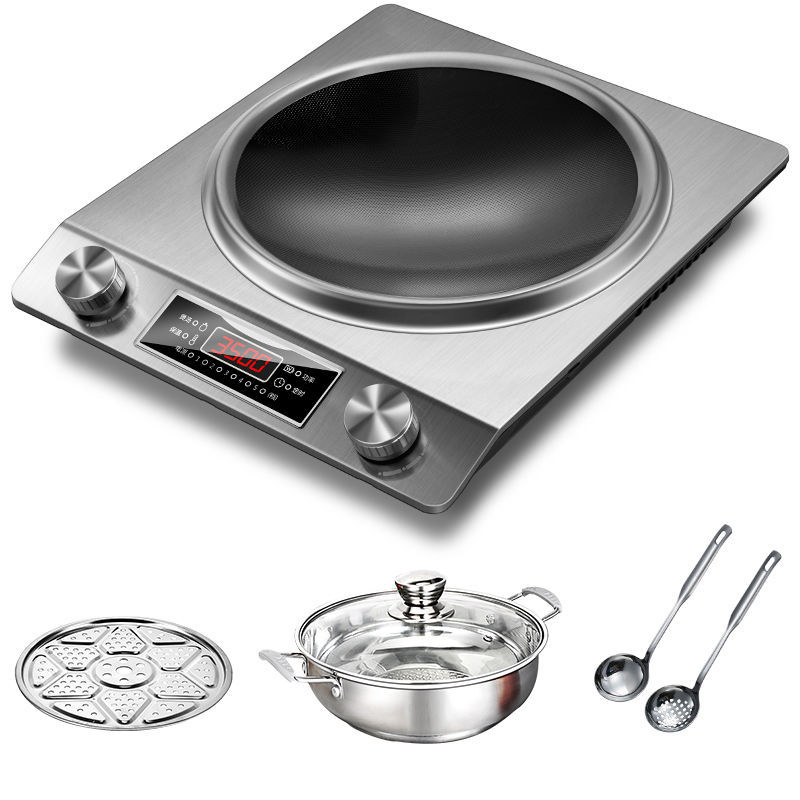 Cocina de inducción para uso doméstico, nuevo modelo con superficie cóncava, alta potencia para cocinar, estufa comercial a batería, juego completo para uso doméstico con olla, estufa de fuego potente.