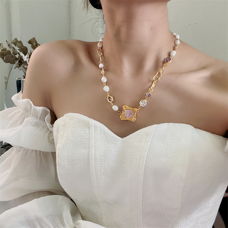 Lady Square Copper Irregular Beaded Plating Zircon Womenu0027S Earrings Necklace