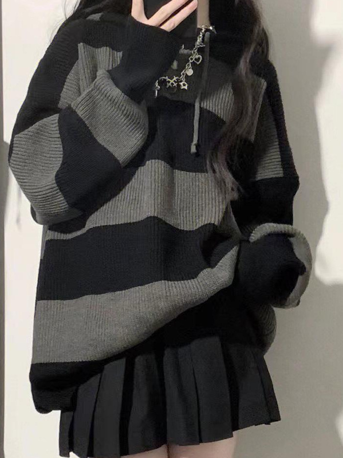 Autumn and winter New loose striped lazy style thickened sweater Women's American retro sweater coat Hong Kong style ins fashion