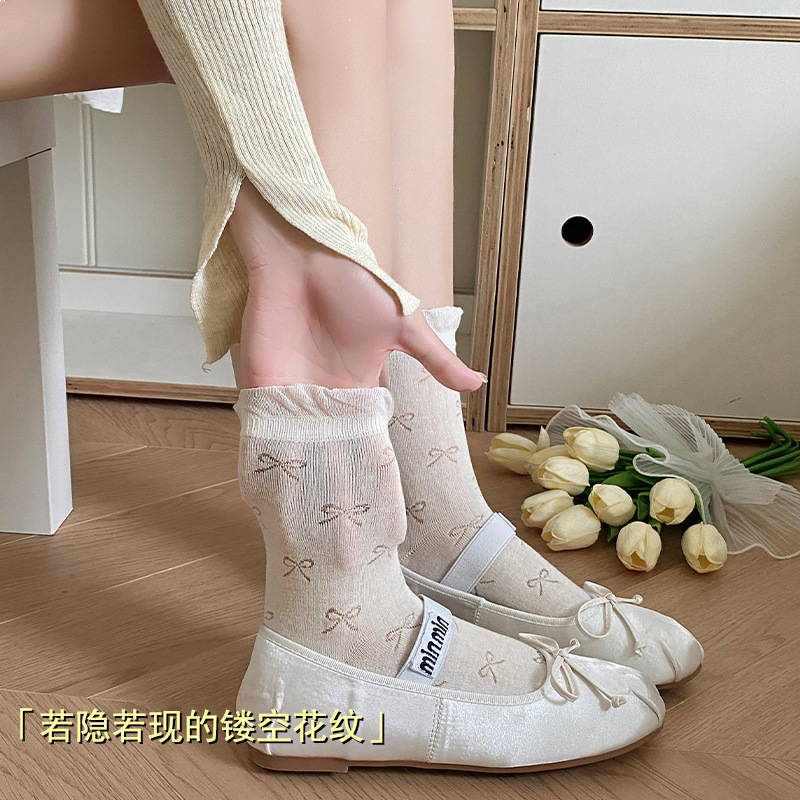 Calcetines sin huesos para niños Calcetines de tubo hueco fino de verano con lazo Calcetines de mujer estilo ballet con boca de burbuja Calcetines de pila de encaje