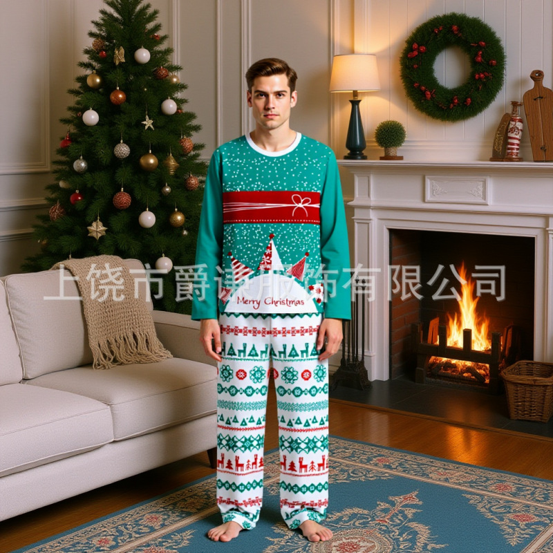 亚马逊速卖通家庭亲子套装圣诞节日印花可爱圆领长袖家居服睡衣|undefined