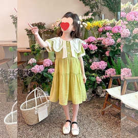 网红女宝宝韩版夏季新款娃娃领洋气连衣裙儿童时髦透气甜美公主裙
