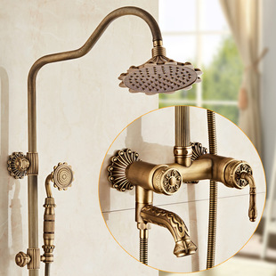 European-Style Antique Copper Carved Shower Set with Hot and Cold Faucet, Vintage Copper Shower Mixer Valve for Home Use