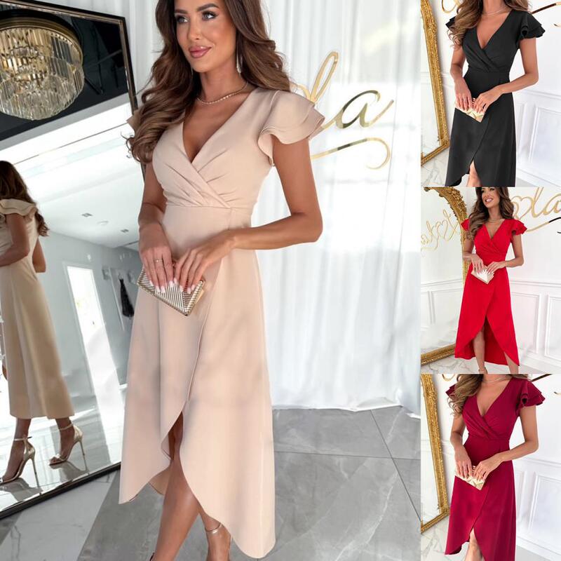 2025 cross-border Amazon AliExpress new summer commuter solid color V collar waist lotus sleeve fashion dress