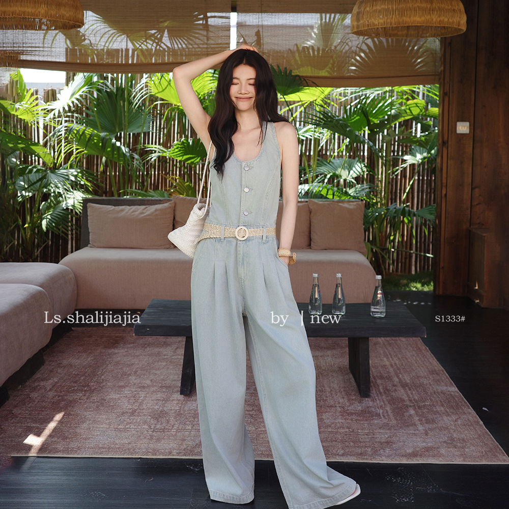LS Simple and Stylish Slim Fit Halter Neck Denim Jumpsuit, Guangzhou Shisanhang 2026 Spring New Arrival Pants S1333#