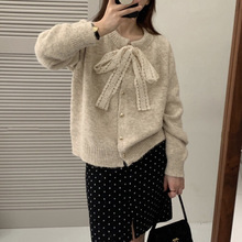2025跨境韩系蕾丝蝴蝶结圆领毛衣外套女秋冬宽松爱心扣针织开衫女