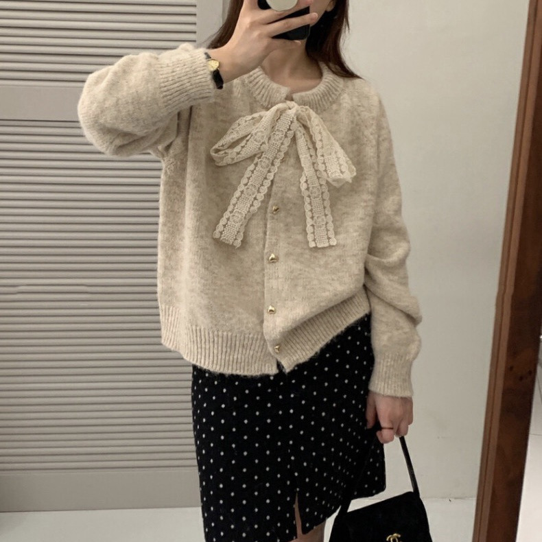 2025跨境韩系蕾丝蝴蝶结圆领毛衣外套女秋冬宽松爱心扣针织开衫女
