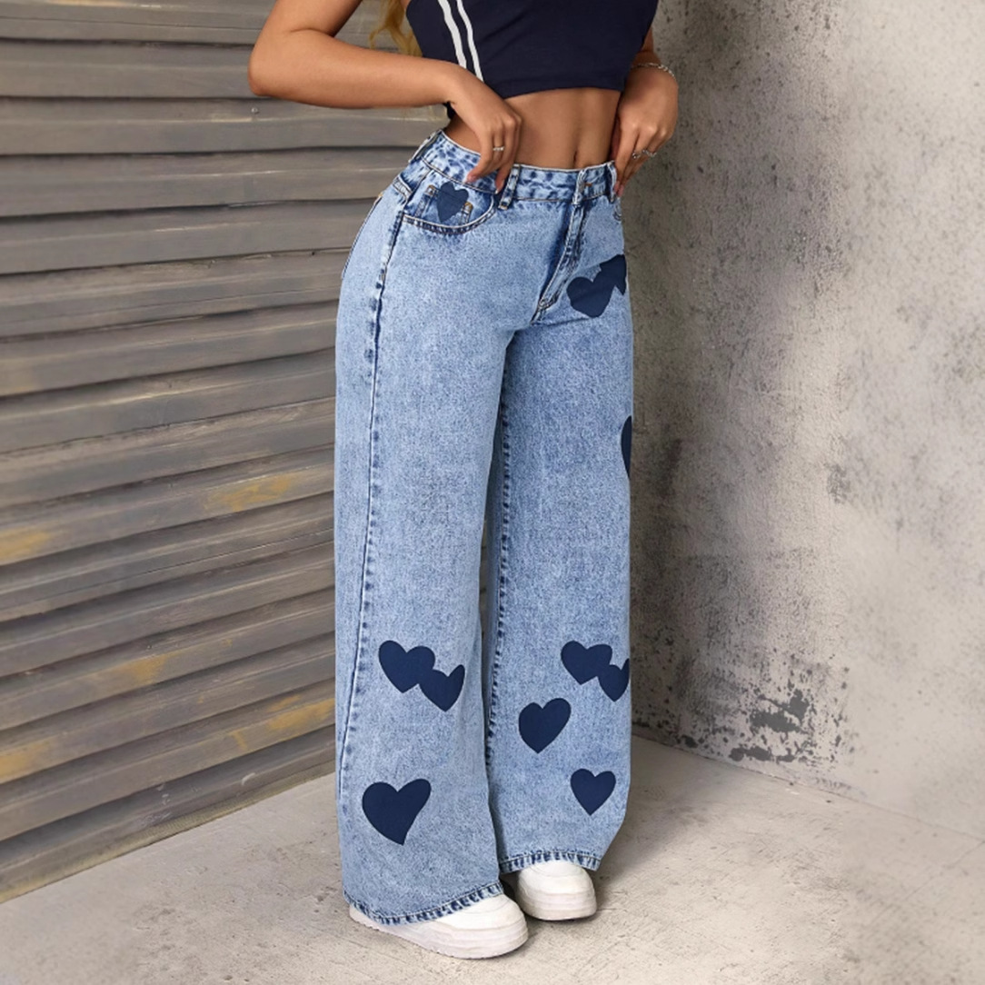 Women's Clothing Retro Women's Denim Trousers Heart Print Loose Fit European American Style For Formal & Casual_ecoleips.com