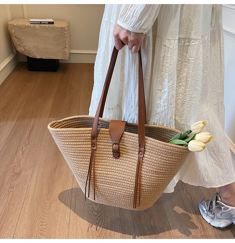 1125g Weight Weave Fashion Element Lock clasp Closure Type Double Shoulder Straps Strap Type Straw Bag Bags Type Casual Occasion cotton rope Material Solid Color Pattern Spring&Summer Season Women's Gender Beach Style Bucket Shape Large Size Women's Large Cotton Rope Solid Color Beach Weave Bucket Lock Clasp Straw Bag 14