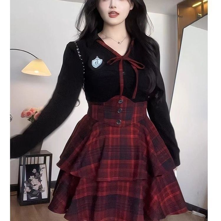 2025年早秋新款微胖mm纯欲风JK制服收腰修身衬衫上衣格子高腰短裙|undefined