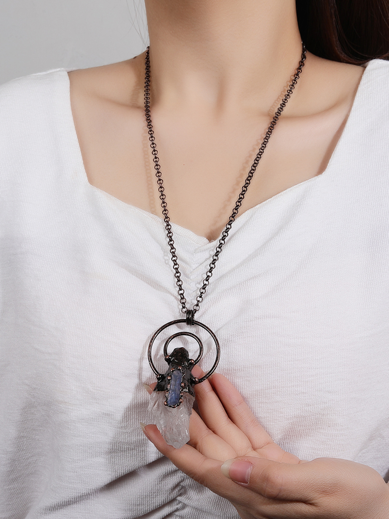 stone, Copper Pendant Material Women's Crystal Copper Cable Chain Healing Geometric Pendant Necklace Healing Crystals Jewelry