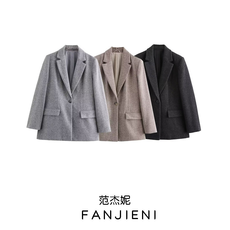 ZR foreign trade wholesale European and American style women's new all-match blended straight tube long sleeve lapel suit jacket 3046483