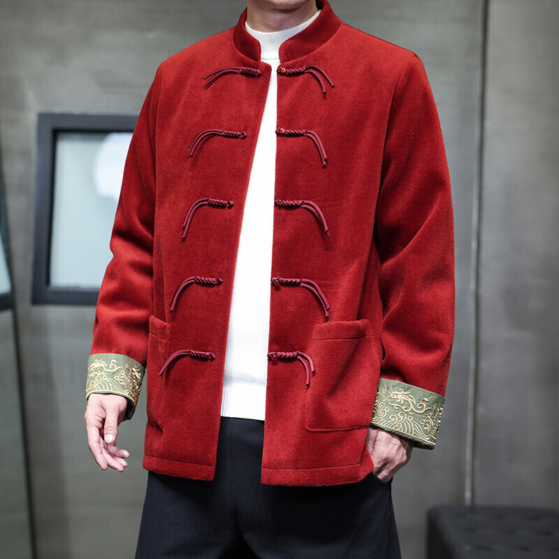 2025秋冬中国风男装潮流国风复古中式夹克毛呢外套宽松大码唐装男