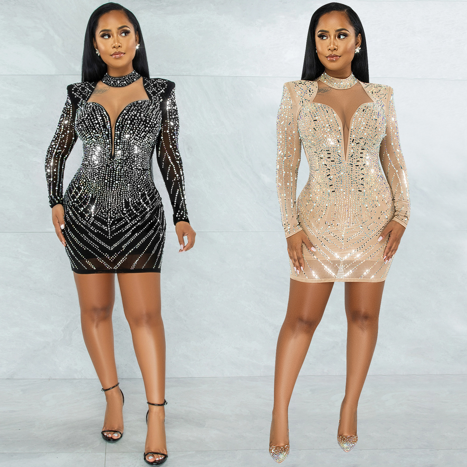 X5385 moda europea y americana eBay AliExpress sexy profundo V vestido de fiesta discoteca rhinestone malla ver a través de la ropa de las mujeres