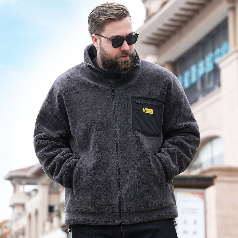 Men's Clothing Plush and thickened polar fleece jacket for men in autumn and winter plus size fat men loose stand collar cotton coat fleece jacket_voghion.com