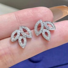 LIiy Clnster三叶草耳钉女纯银18K白金满钻百合花簇树叶耳环耳饰