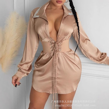 LZQ3101新品欧美新款杏色衬衫裙+腰带