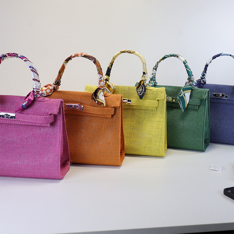 Fashion trend industry runway show new online star street jute lock flip handbag women's linen bag