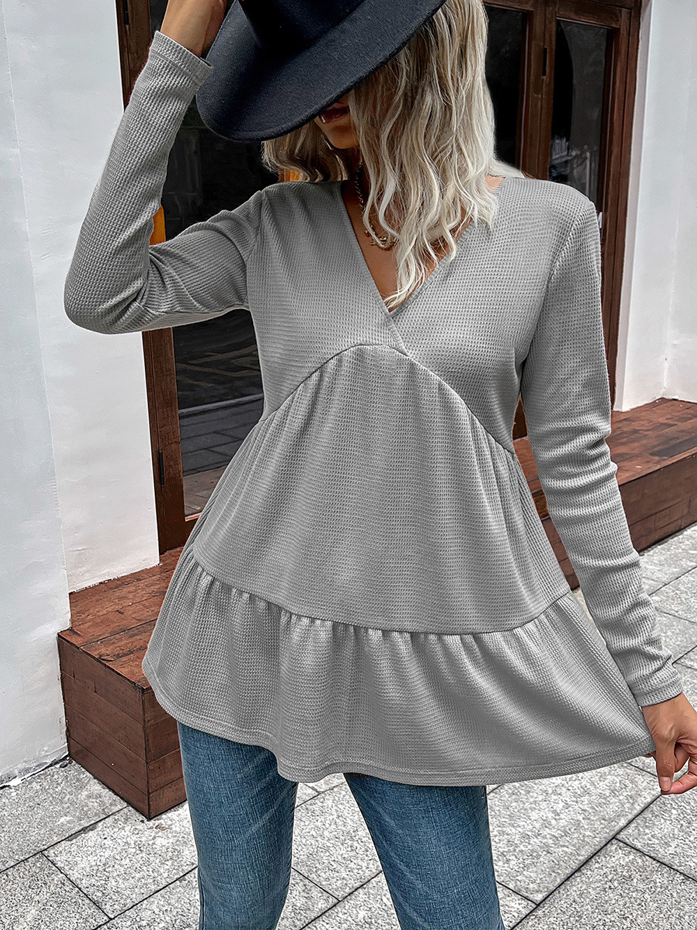 Title 14, Loose Casual Solid Color V-Neck Long Sleeve Tat...