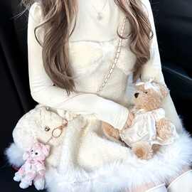 小香风甜美拼接毛绒秋冬外套新款蝴蝶结长袖收腰显瘦连衣裙两件套