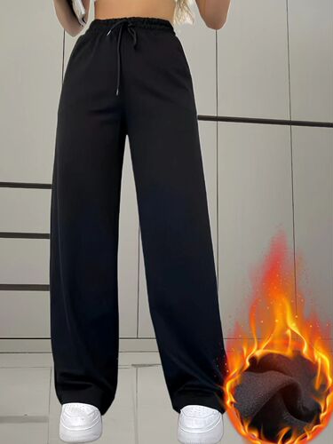 European and American Style Women's Fleece-Lined Loose Straight Pants Casual Sports Wide-Leg Pants Autumn and Winter Women's Fleece-Lined Outerwear Pants