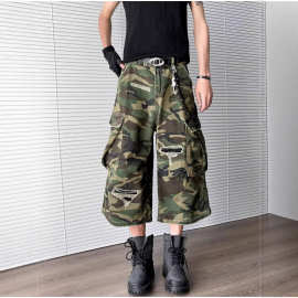 破洞迷彩美式多口袋工装休闲短裤男士宽松休闲vibe风阔腿七分裤子