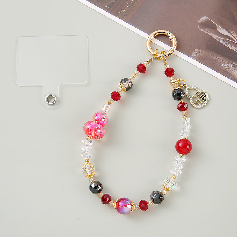 Gourd-shaped "Fu" character pendant, trendy crystal beaded phone charm, high-end fashion keychain ornament.