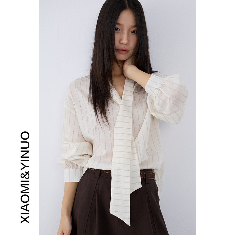 [Oufan] French Floating Collar Stripesd Long-Sleeved Cotton and Linen Shirt for Women Early Autumn New Loose and Chic Top 3174
