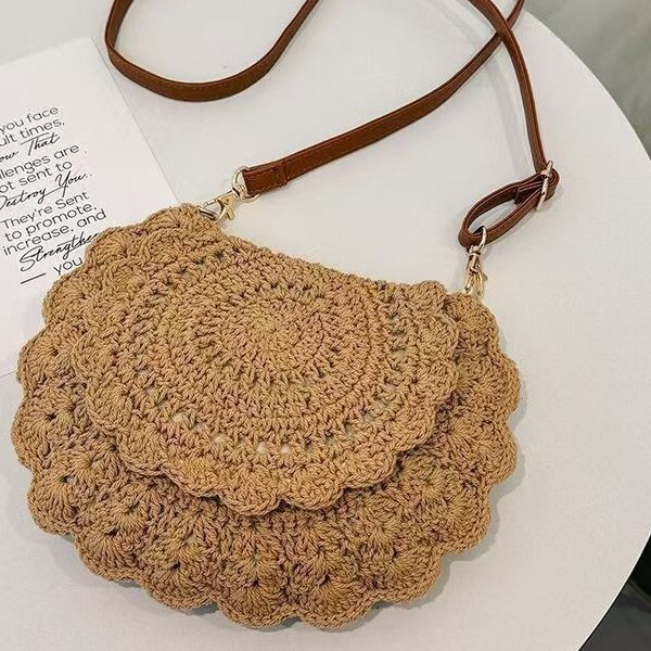 Ins Cotton Woven Bag Hollow-Out Single-Shoulder Semi-Circle Straw Bag for Women with Lace Trim Crossbody Vacation Style Beach Bag Cross-Border
