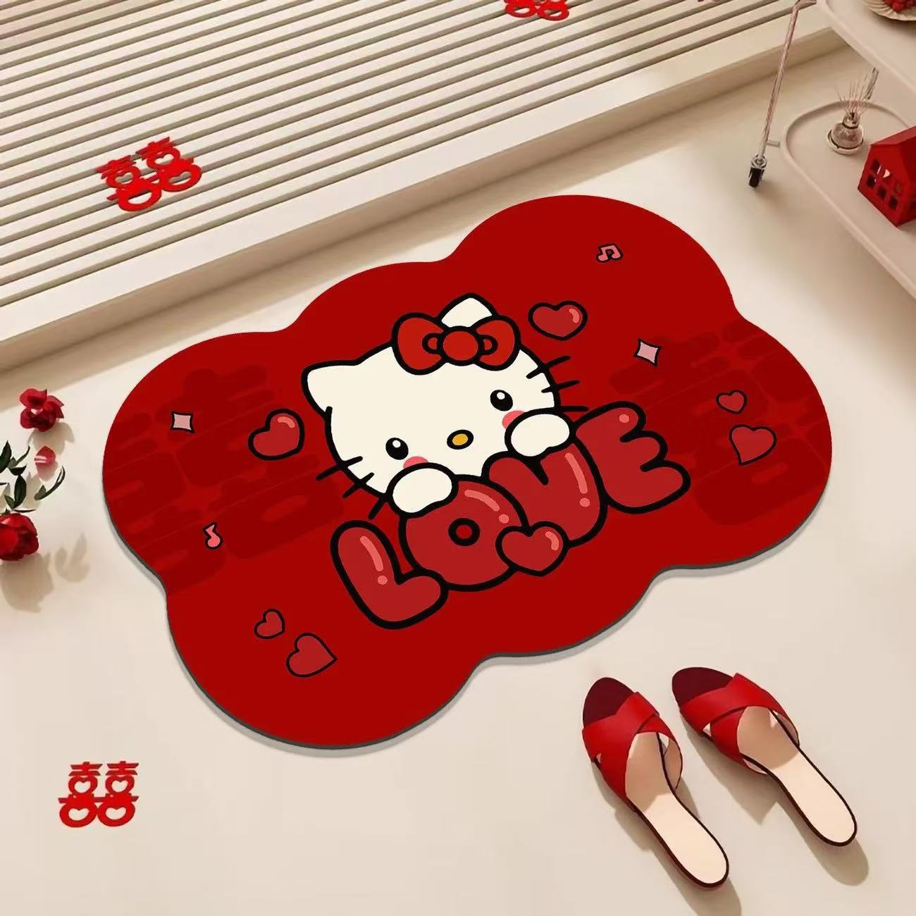 Cartoon festive diatomite floor mat for wedding bathroom, water-absorbent and non-slip, red "happy" character mat for wedding room decoration