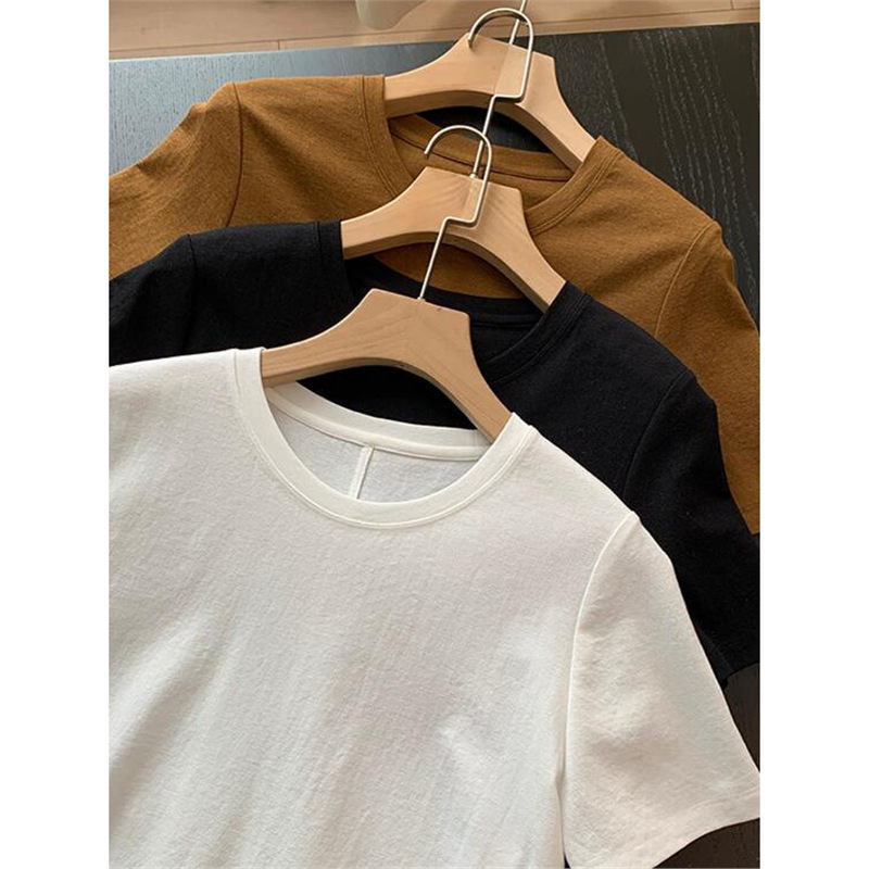 Thewow Classy Hot Item Silk Acetate Imported Line Stereo Tailoring Round Neck Right Shoulder Pure Color Short-Sleeved Women's T-Shirt Thewow Classy Hot Item Silk Acetate Imported Line Stereo Tailoring Round Neck Right Shoulder Pure Color Short-Sleeved Women's T-Shirt