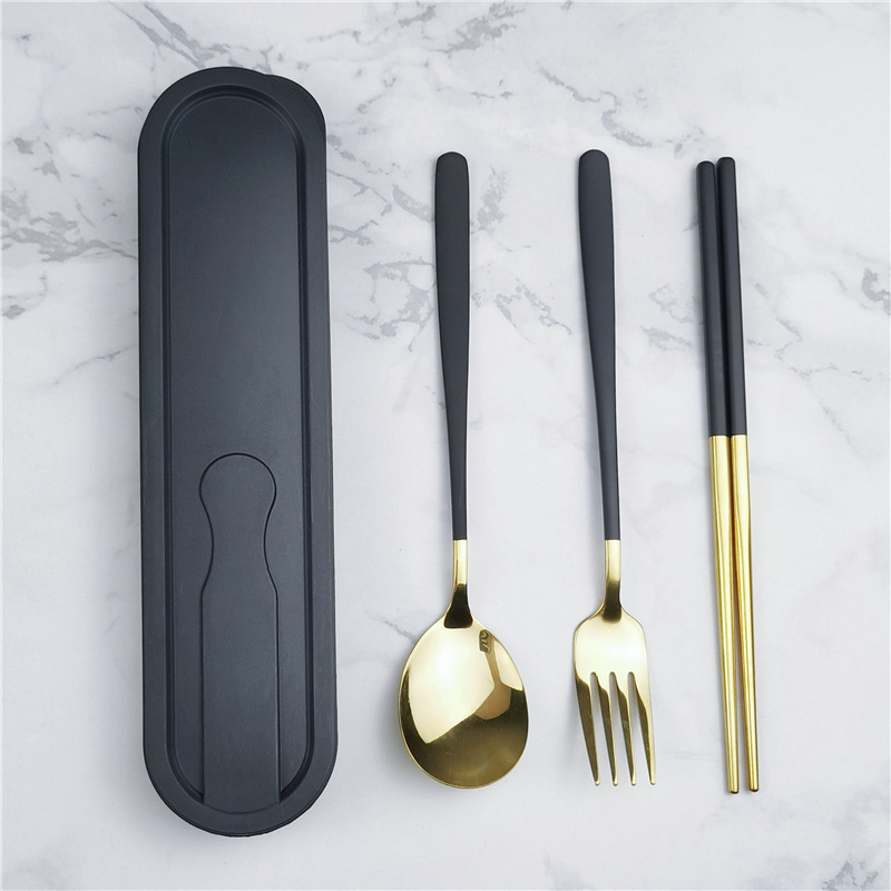 304 de acero inoxidable vajilla estilo coreano palillos conjunto de tres piezas traje portátil estudiante comedor al aire libre logotipo impreso