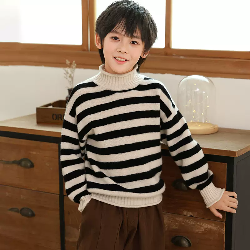 秋冬款韩版童装毛衣卷边领设计中小童羊毛条纹套头男女儿童羊毛衫