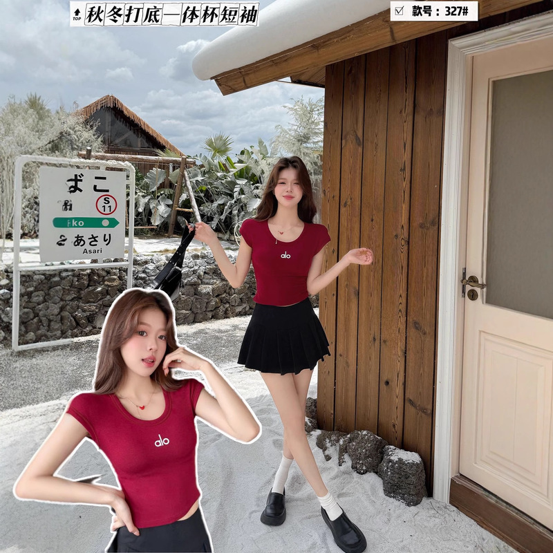 327 # Autumn and Winter New Pure Desire Style Alo Brushed Short-Sleeved Small Flying Sleeves Small Beautiful Back Vest Letter One-Cup 327 # Autumn and Winter New Pure Desire Style Alo Brushed Short-Sleeved Small Flying Sleeves Small Beautiful Back Vest Letter One-Cup