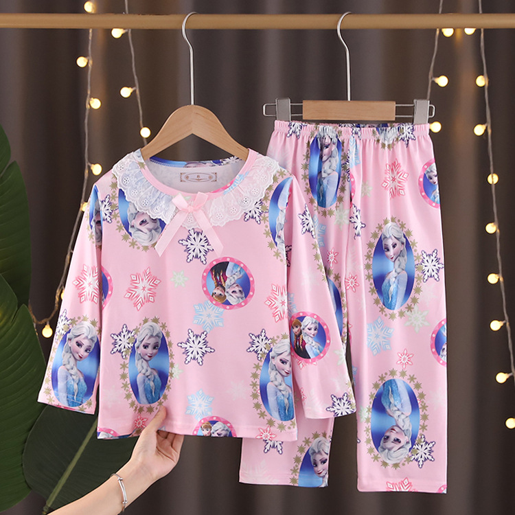 Cross-Border Children's Pajamas for Girls, Spring and Autumn, Long-Sleeved Set for Older Children, Thin Home Wear for Little Girls, Cute Style